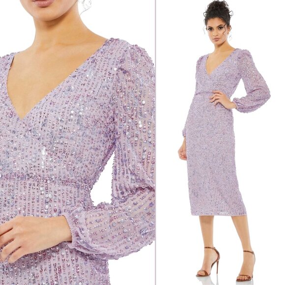 Mac Duggal 10764 Size 14 Light‎ Purple Lavender Long Sleeve Sequined Midi Dress - Picture 3 of 16